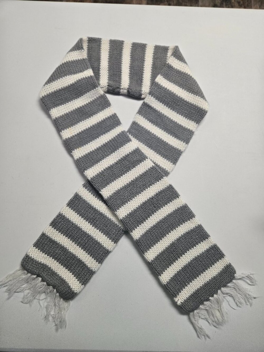 Grey & White Striped Chunky Knit Scarf